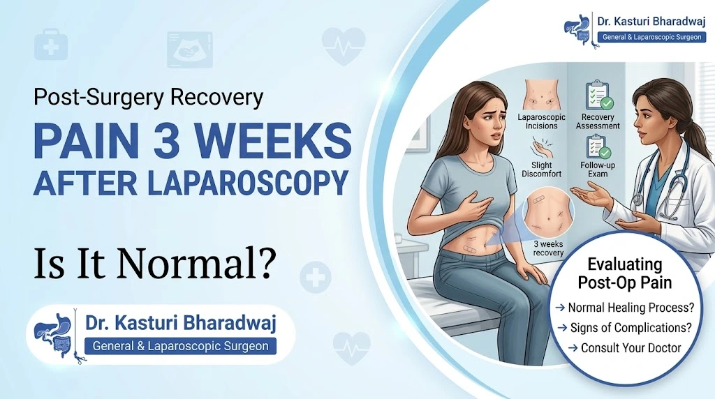 Patient discussing abdominal pain three weeks after laparoscopic surgery with a surgeon