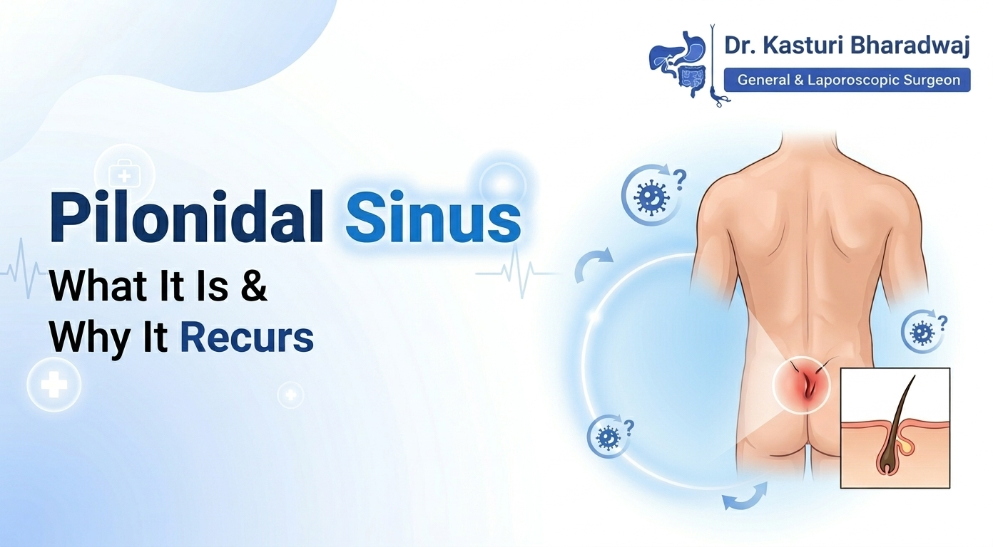 Pilonidal sinus near tailbone showing infection and recurrence