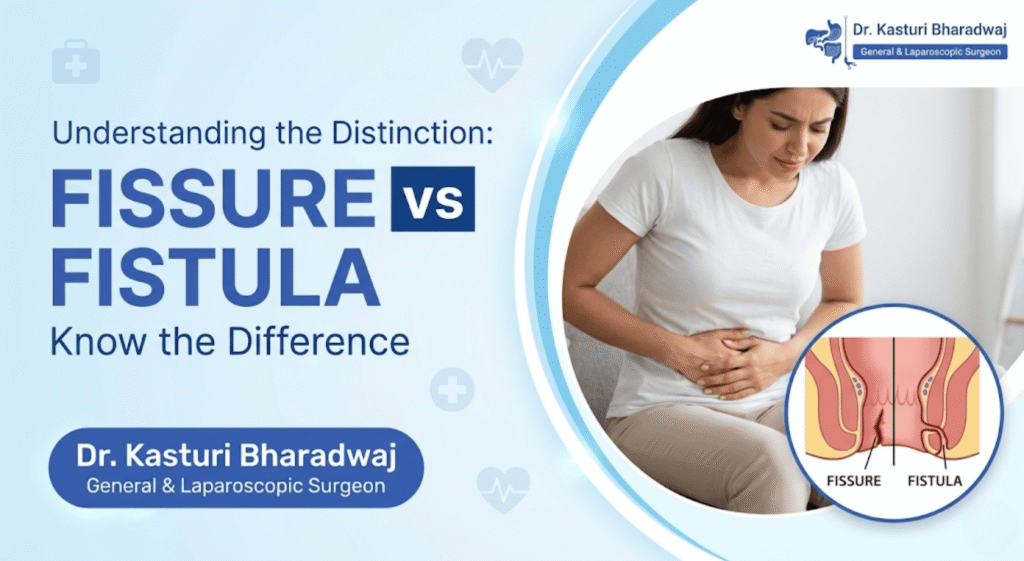 Difference between anal fissure and fistula showing tear vs tunnel