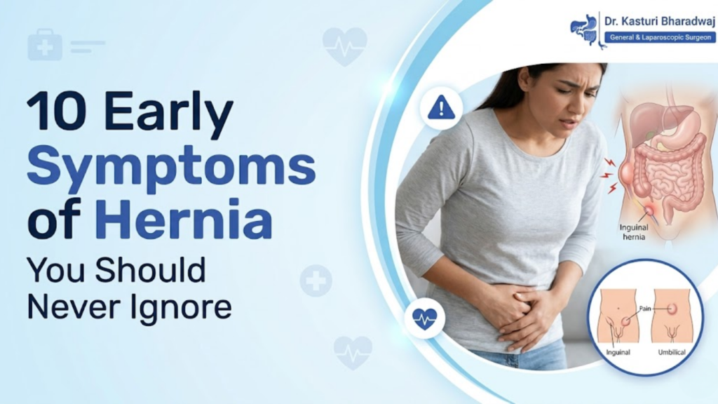 Early symptoms of hernia showing abdominal and groin swelling