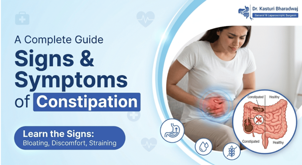 Common symptoms of constipation including bloating and hard stool