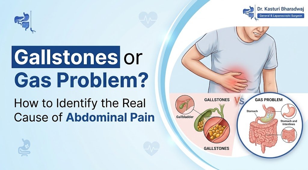 Difference between gallstone pain and gas pain showing abdominal pain locations