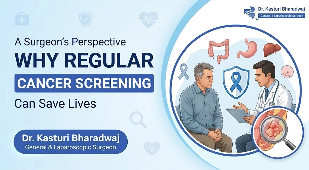 General surgeon discussing regular cancer screening and early cancer detection with an adult patient in Bhubaneswar